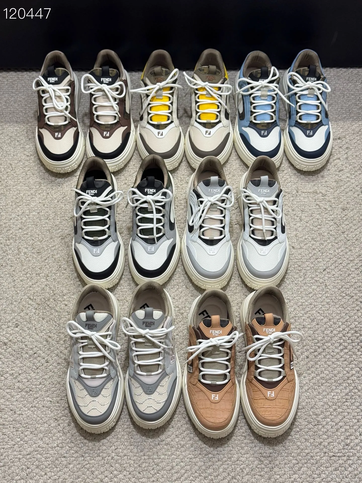 Men's men's shoes 💰560 [New style] 🦥🦥FENDI Fendi high version latest Force series calfskin FF mesh round toe thick sole low-top sports sneakers, these Force lace-up low-top shoes. Made of white full-grain leather and white and brown smooth leather. Padded. Brown FF jacquard and yellow technical fabric details. Lightweight and thick white sole with FF pattern details on the toe and heel ✔️Fabric: Imported first-layer cowhide breathable mesh ✔️Inner lining: Customized breathable mesh ✔️Sole: Open-molded rubber foam material ✔️Sole thickness: 7CM Size: #Men's 38-44 (45 is custom-made and cannot be returned or exchanged